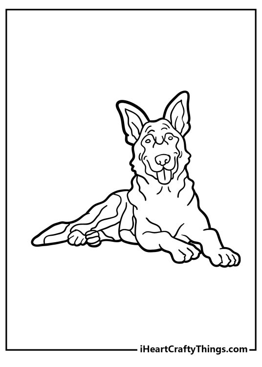 Free pdf to download and color featuring resting German Shepherd drawn in a cartoony style