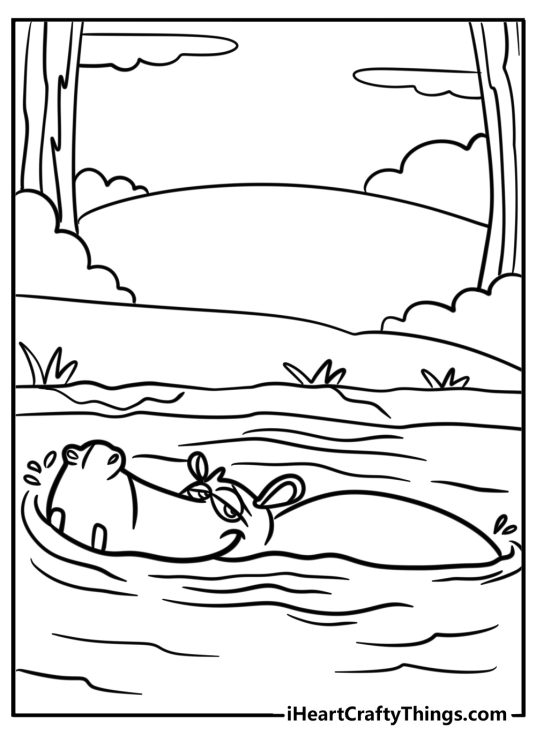 Hippo in a river zoo animal coloring sheet for kids