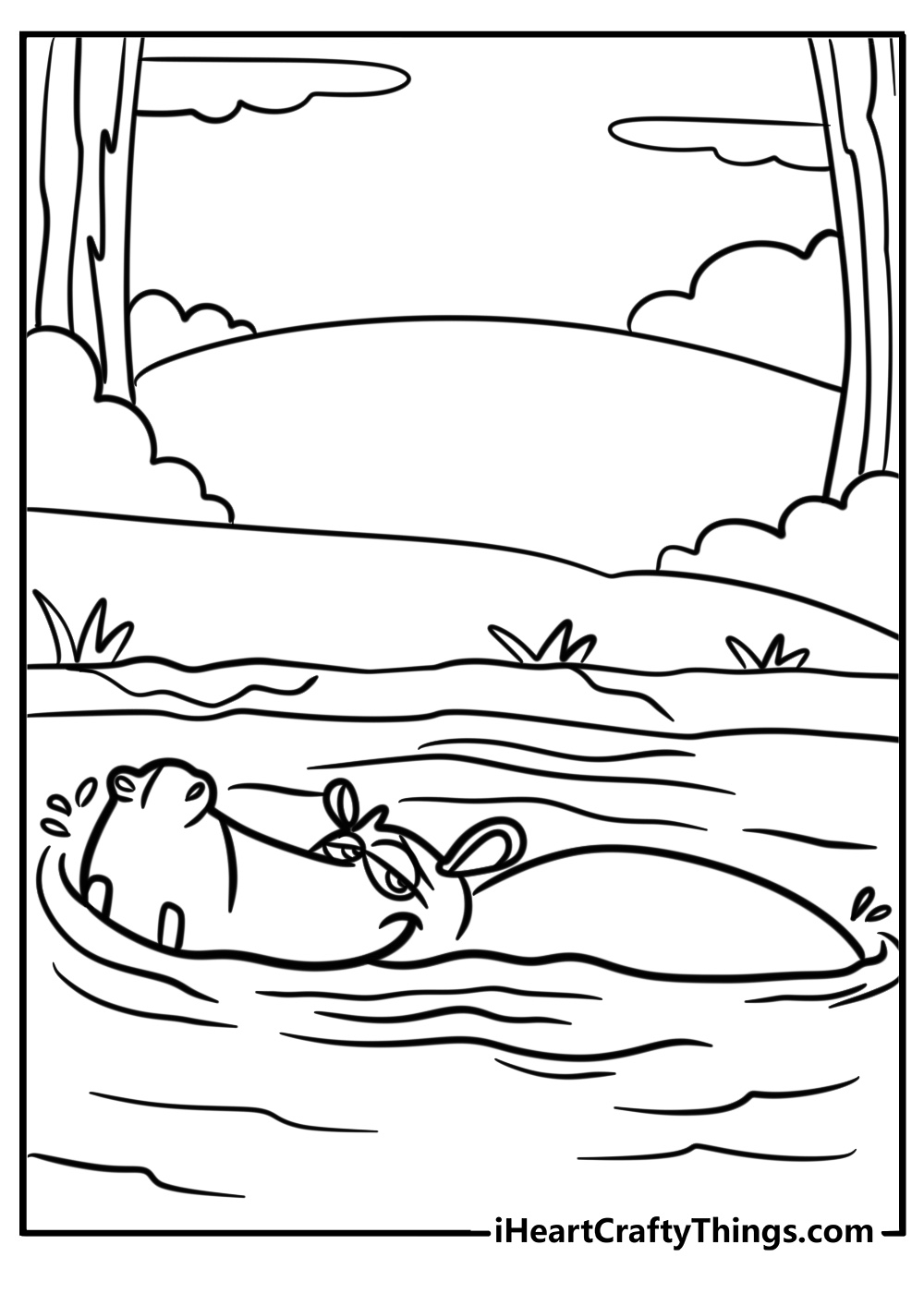 Hippo in a river zoo animal coloring sheet for kids