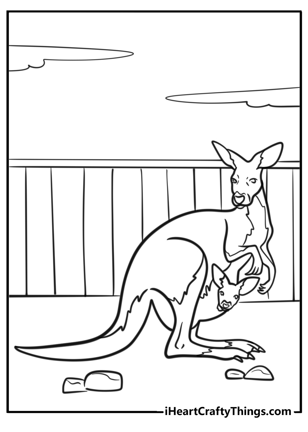 Kangaroo with a baby in the pouch fun zoo coloring sheet