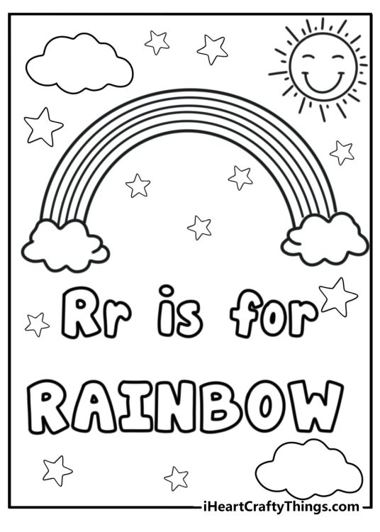Letter R image featuring phrase Rr is for rainbow surrounded by stars rainbow sun and clouds