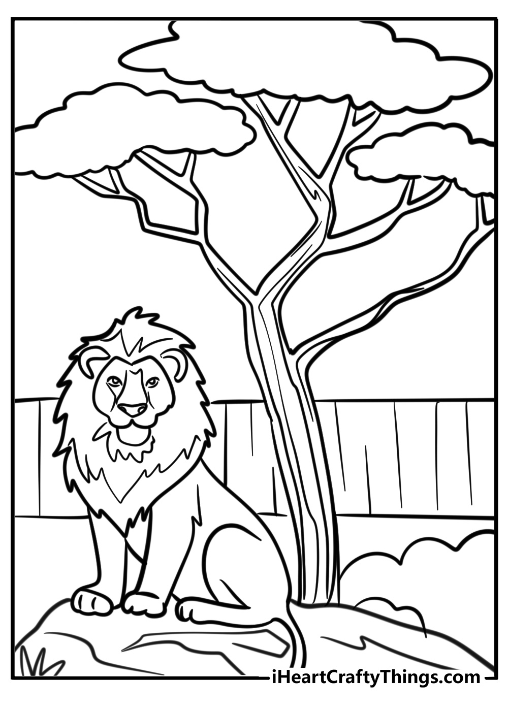 Lion sitting under a tree zoo animal coloring sheet