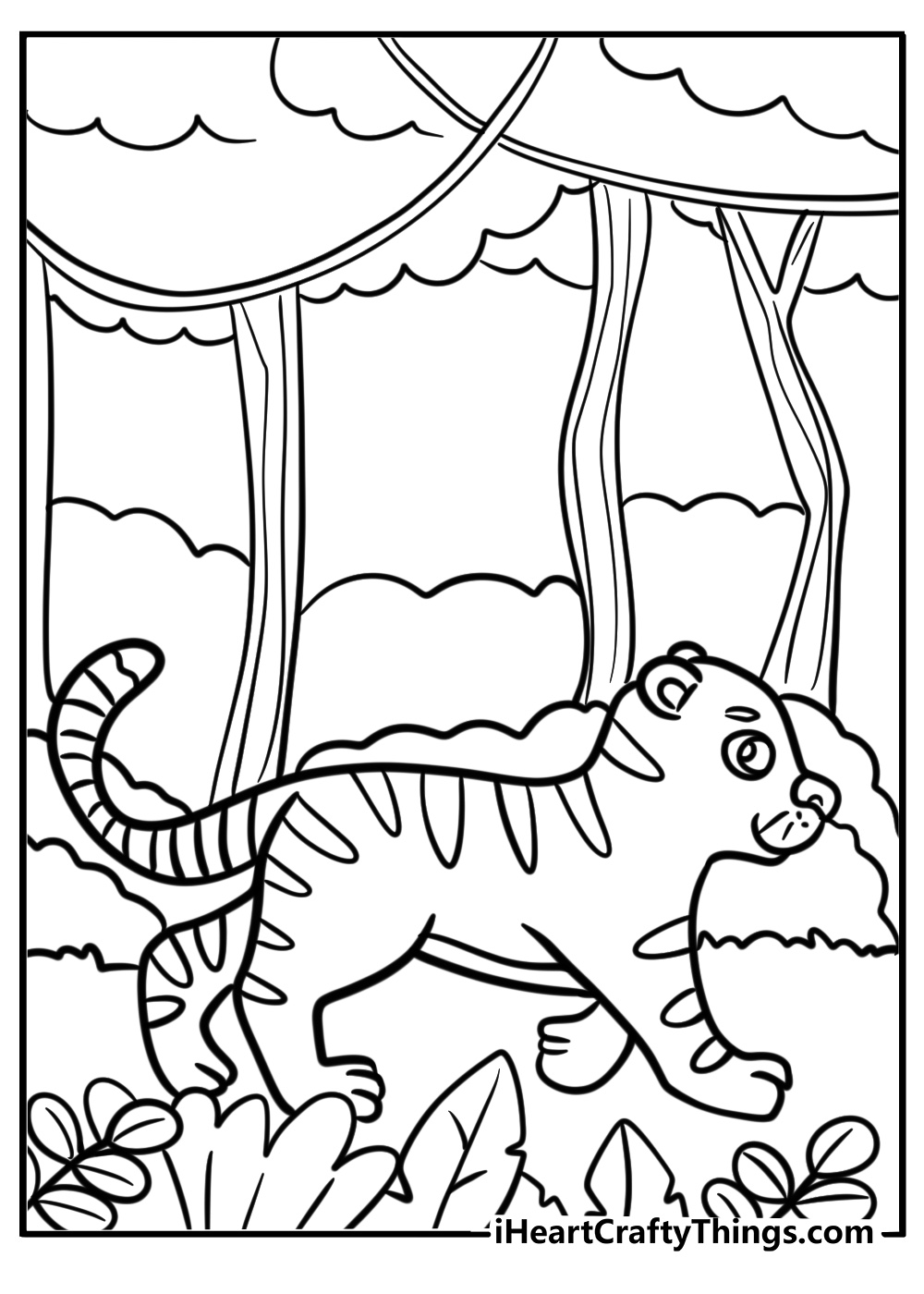 Tiger walking through the jungle free zoo animal coloring page