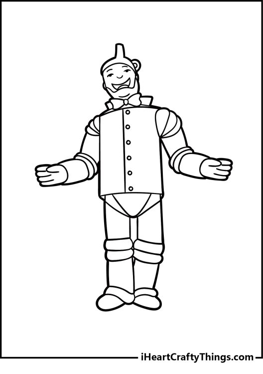 Wizard of Oz coloring page presenting happy-looking Tin Man with arms spread widely