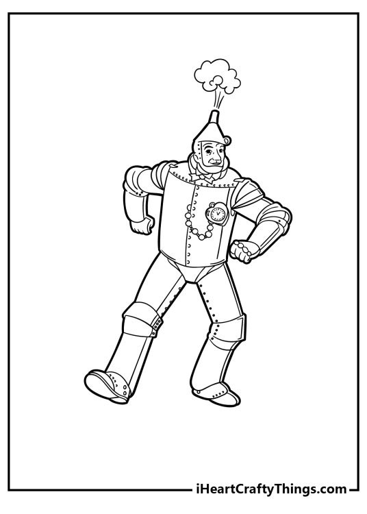 Detailed coloring sheet for children presenting Wizard of Oz character Tin Man in his signature outfit