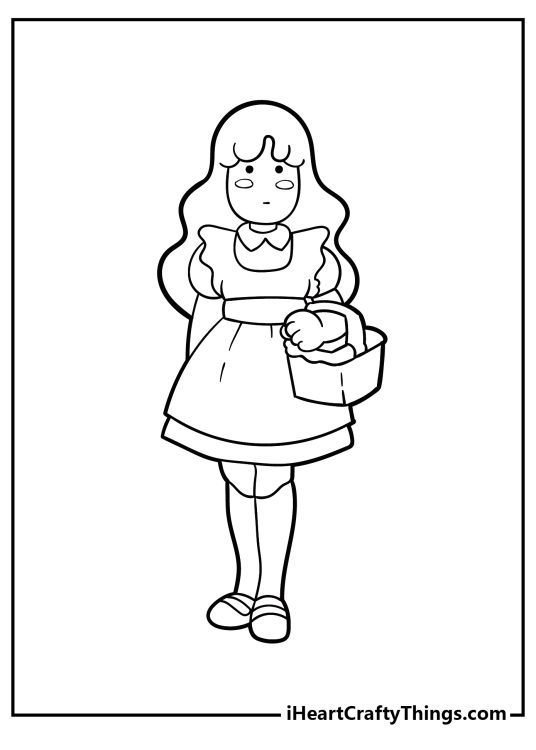 Wizard of Oz coloring page for pre-schoolers presenting cute portrayal of Dorothy drawn in a simple style