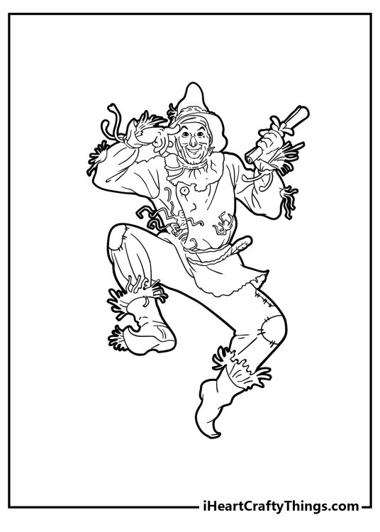 Detailed Wizard of Oz-themed printable coloring sheet presenting character Scarecrow