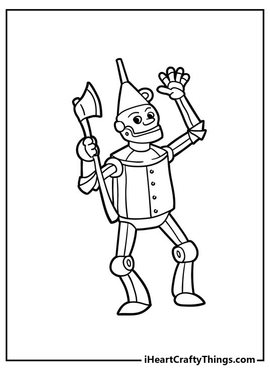 Wizard of Oz page to color of a cartoony Tin Man featured holding his trusty ax and waving to us