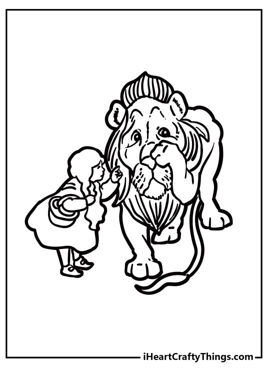 Printable coloring image presenting Wizard of Oz-themed scene of Dorothy consoling sad Lion