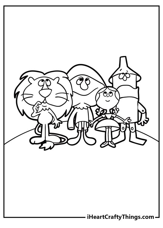 Wizard of Oz card featuring cartoony characters - Lion, Scarecrow, Dorothy and the Tin Man all posed together