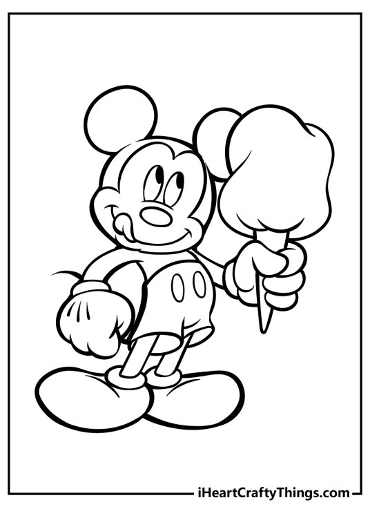Printable sheet featuring Mickey Mouse holding a huge ice cream in his left hand