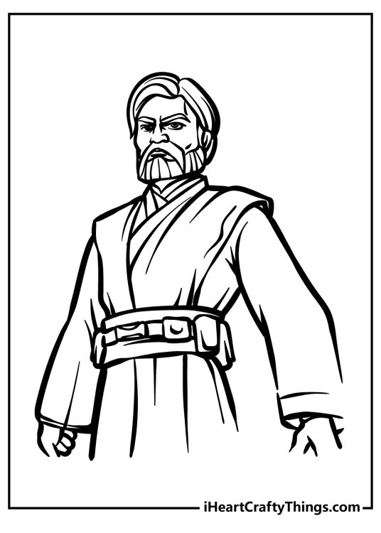 Free coloring picture for kids featuring Star Wars character Obi-Wan Kenobi as an older man