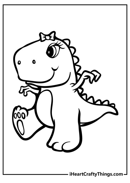 Baby Dinosaur coloring sheet featuring cute female dinosaur with a bow and long eyelashes