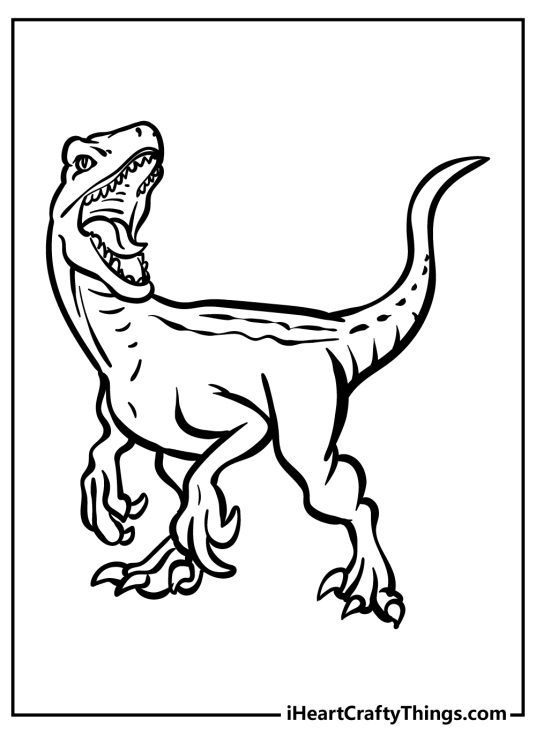 Jurassic World-themed picture featuring terrifying velociraptor with sharp claws and long tail