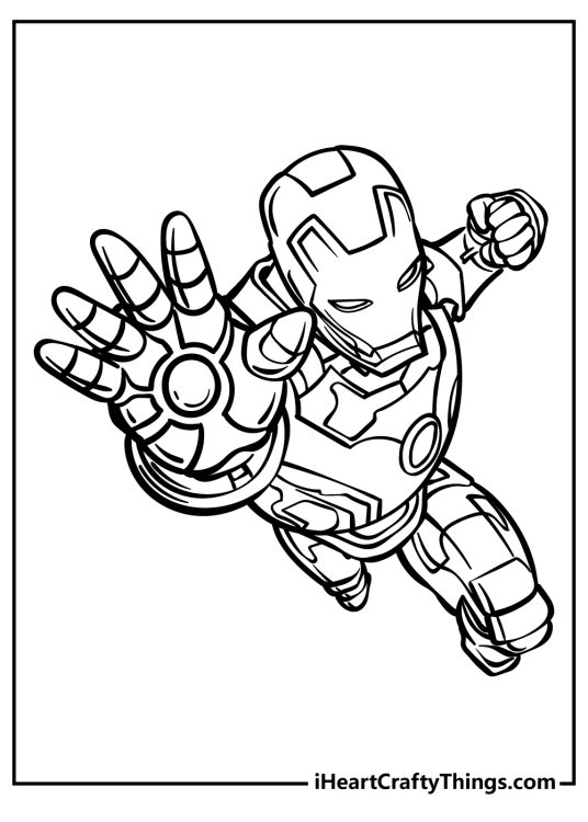 Avengers-themed coloring picture featuring famous Iron Man flying into action in his robotic suit