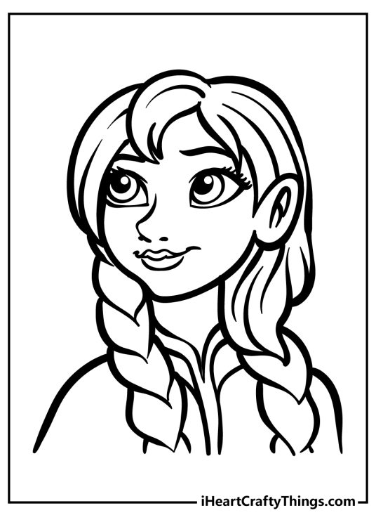 Detailed printable of Anna with two braids hairstyle looking up to the left