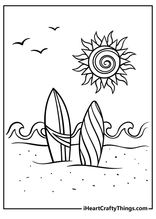 Summer-themed coloring sheet depicting a beach scene with two surfboards and a bright sun above