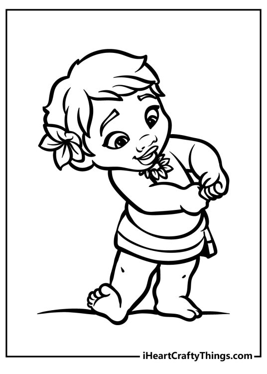 Moana printable coloring sheet featuring Moana as a young child with a flower in her hair