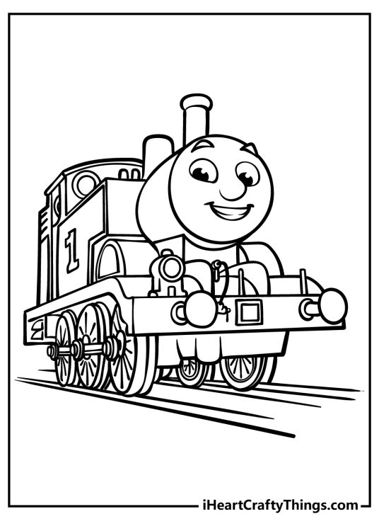 Thomas the Train coloring sheet featuring main character Thomas looking happy and content