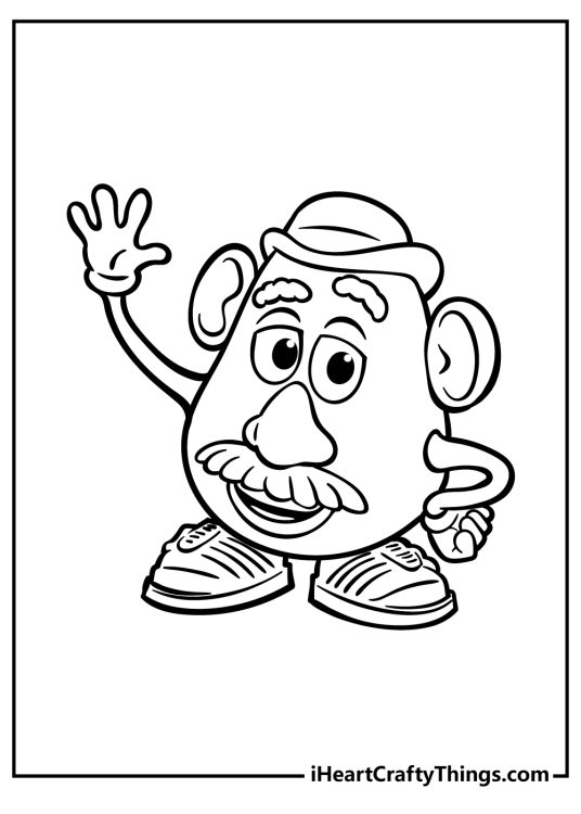 Toy Story coloring sheet featuring character Mr Potatohead giving a friendly wave