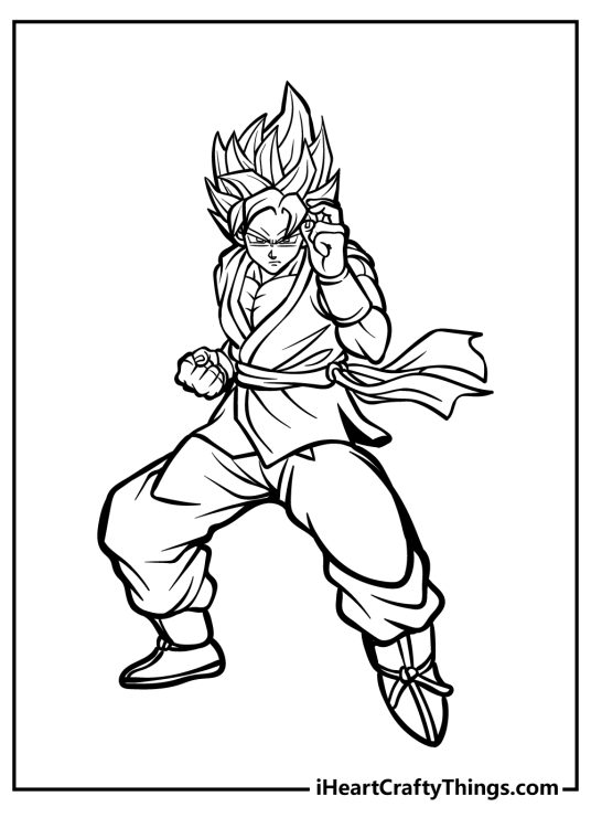 Printable coloring poster depicting Goku striking cool pose with blank background