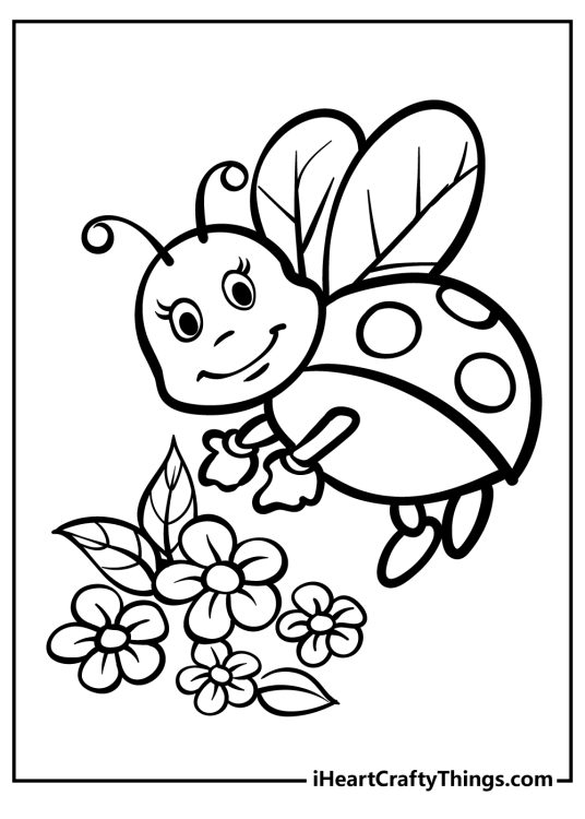 Black-and-white drawing to print presenting happy ladybug flying over some flowers