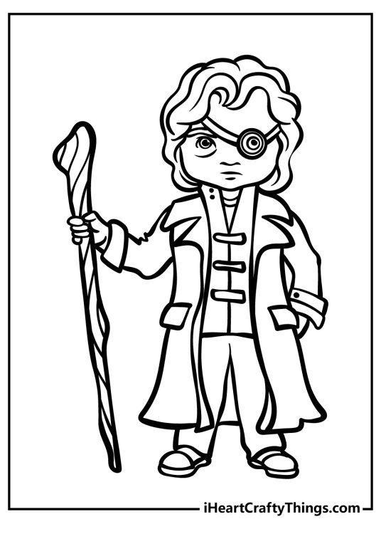 Harry Potter coloring page featuring character Mad-Eye Moody with his signature mechanical eye
