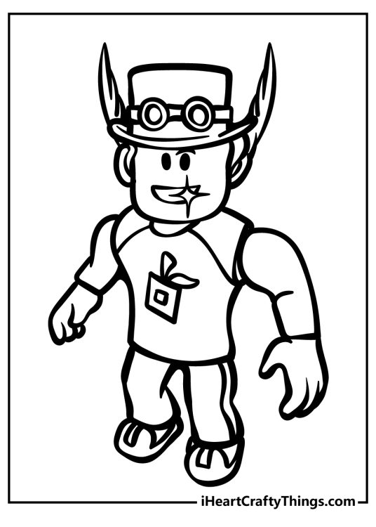 Roblox coloring page presenting unique-looking character wearing steampunk hat with feathers on each side