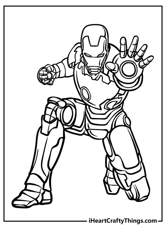 Avengers printable featuring Iron Man getting ready to fire a beam from his palm