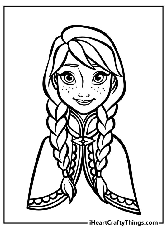 Anna in her classic outfit with hair styled in two braids coloring page to print