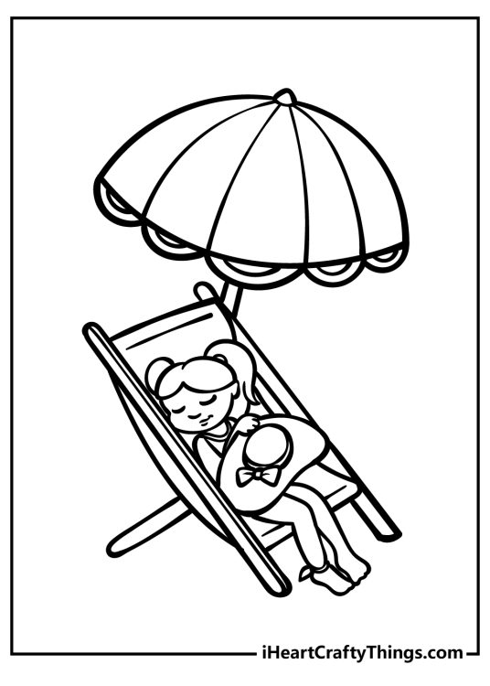 Summer coloring page featuring little girl having a peaceful nap in a chair under umbrella
