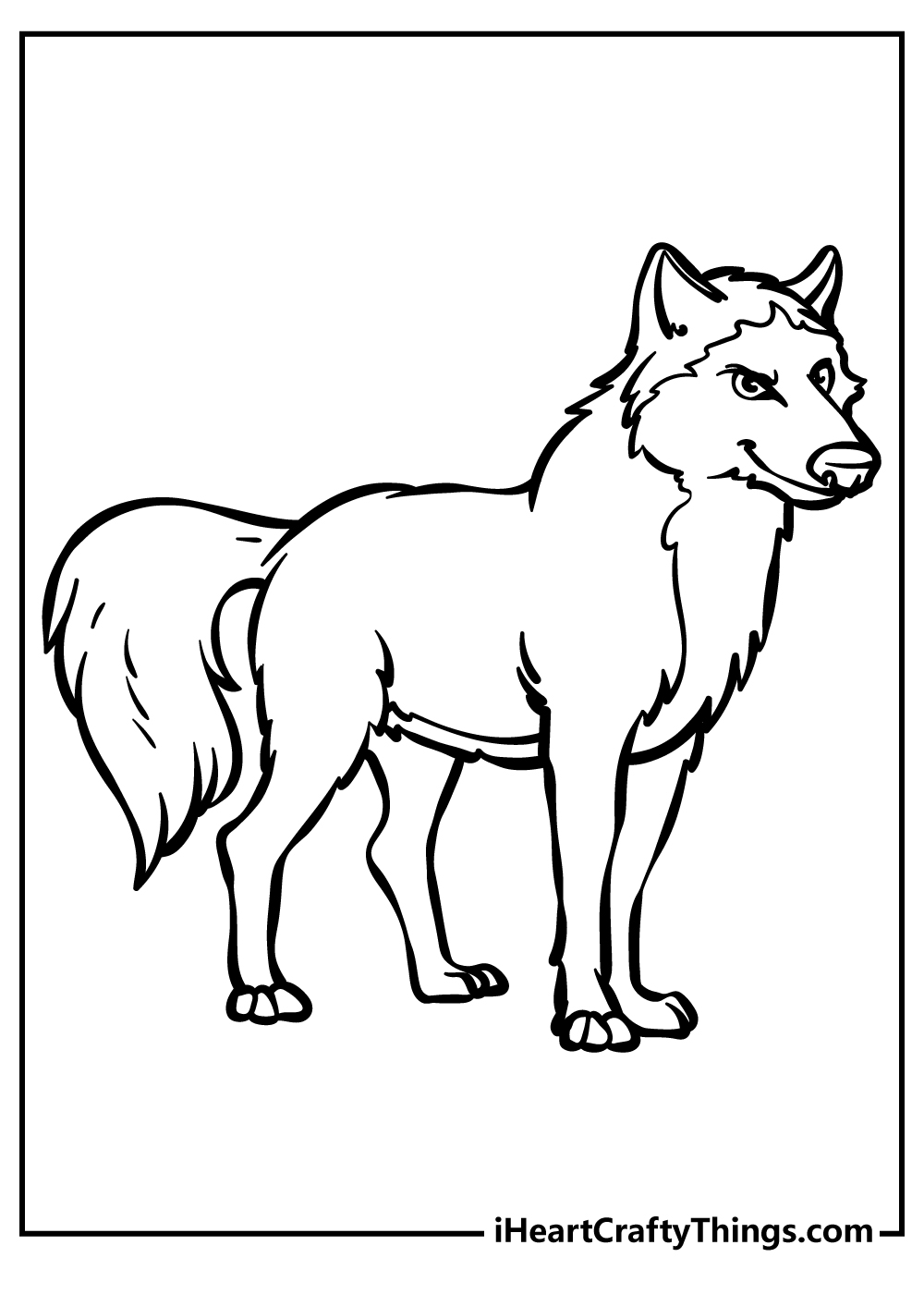 Printable image of an adult wolf with thick fur and fluffy tail posing turned to the right side