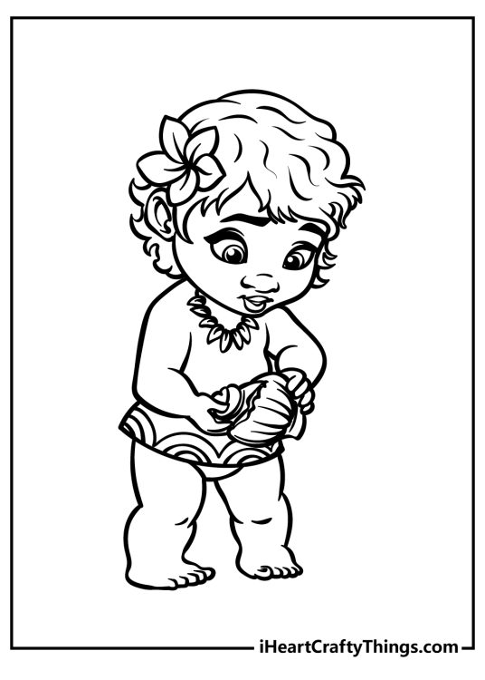 Free coloring page to print featuring cute baby Moana looking excited about the shell in her hands
