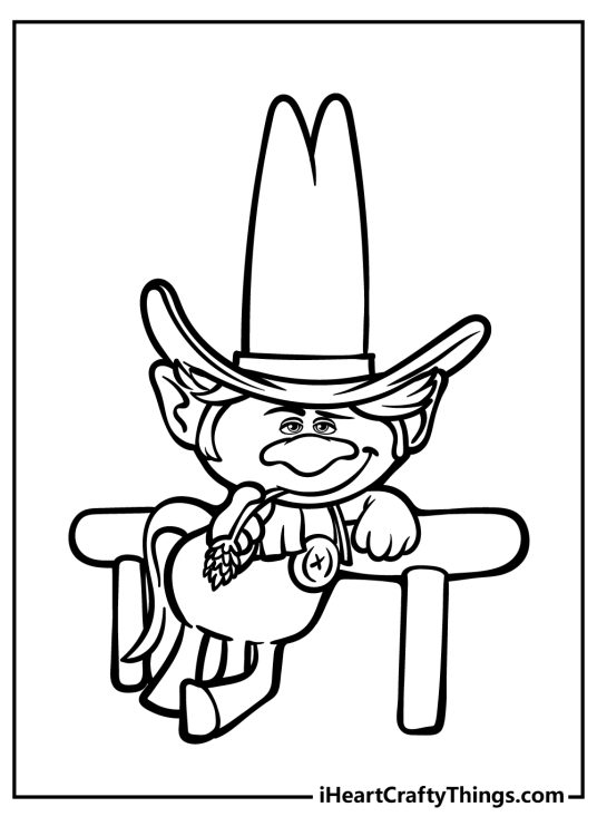 Troll-themed printable coloring page presenting character Hickory dressed in a cowboy style