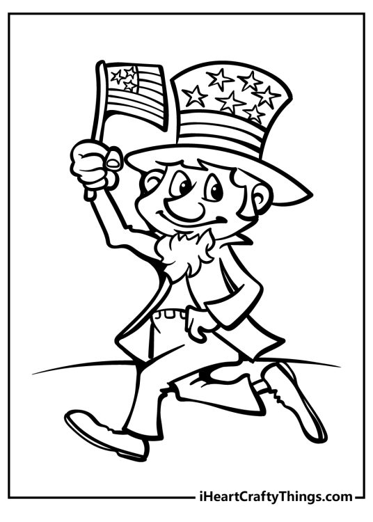 Coloring image for kids of a marching Uncle Sam wearing a patriotic outfit and wielding a flag