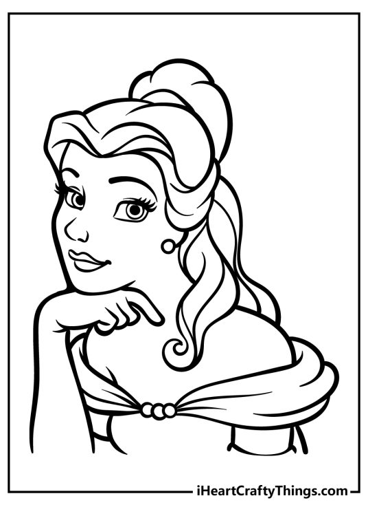 Detailed portrayal of Belle in a dreamy mood supporting her head with her right hand