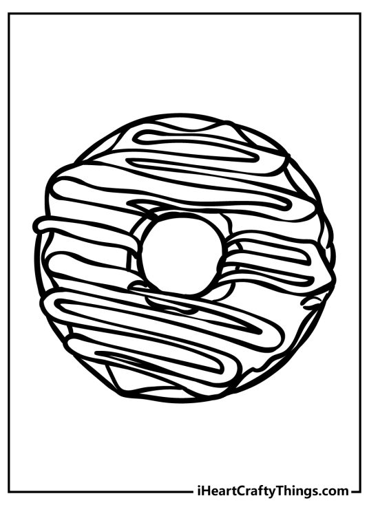 Printable coloring sheet featuring a donut with an icing applied in quite intricate way