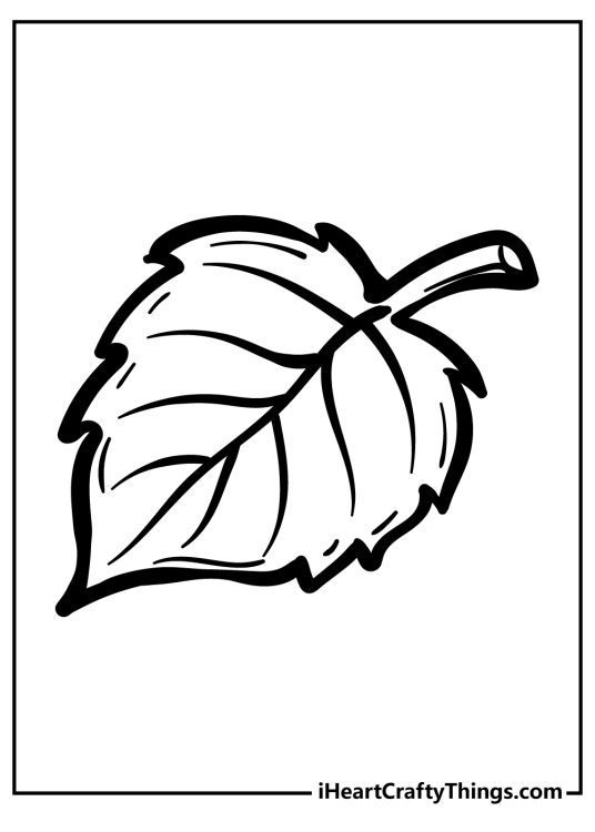 Free coloring sheet for kids depicting falling rounded shape leaf with a pointy tip