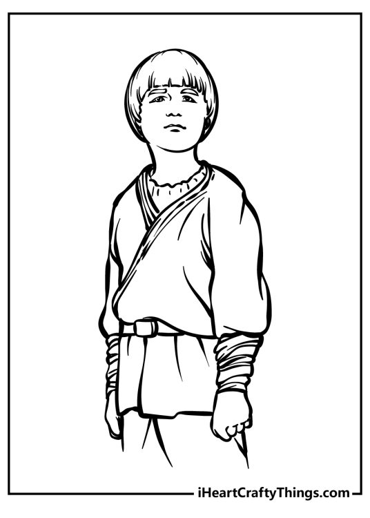 Star Wars coloring printable featuring young version of the character Anakin Skywalker