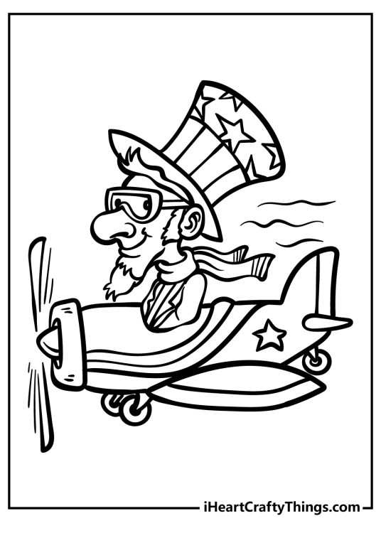 4th of July-themed coloring sheet featuring patriotic character Uncle Sam driving a flag-themed plane