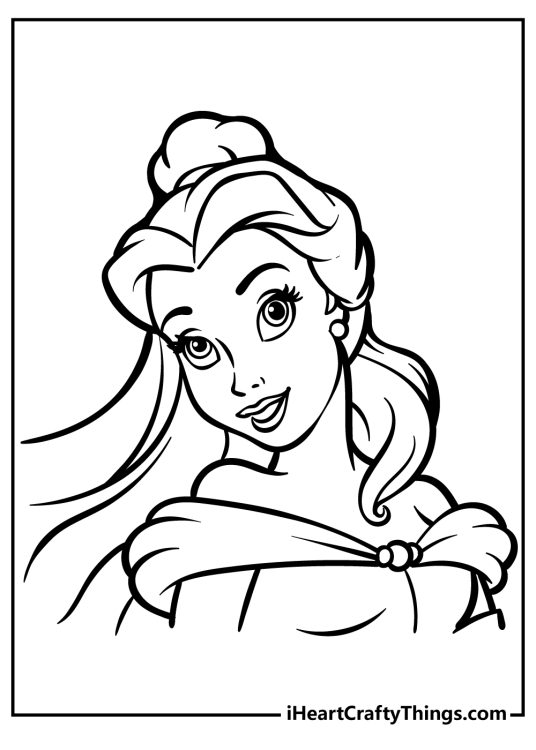 Free printable coloring page featuring gorgeous portrayal of Belle with her hair flowing beautifully