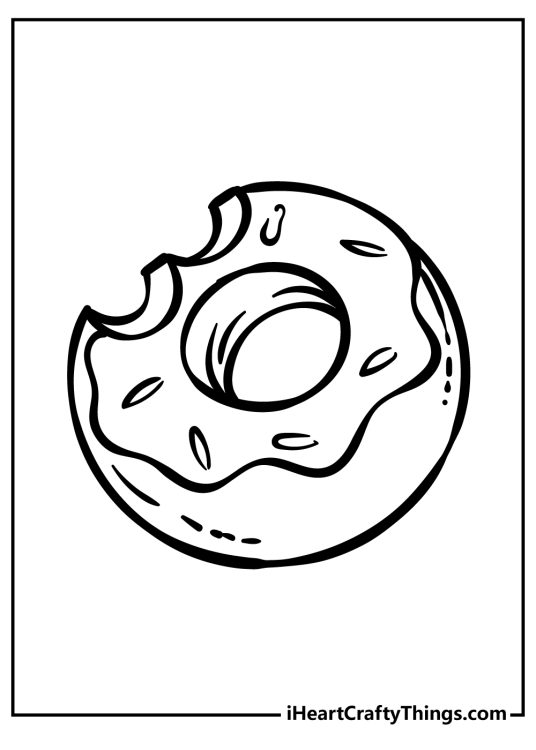 Printable image to color featuring a donut with sprinkles and two big bites taken out of it