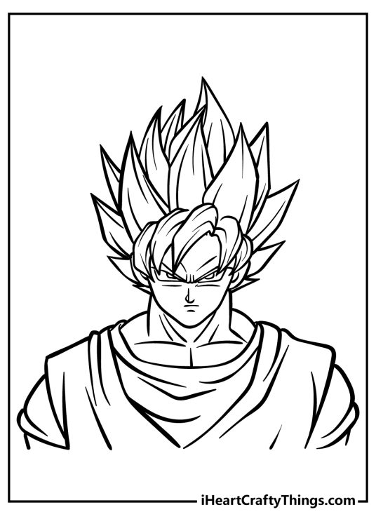Free printable coloring sheet for kids presenting very expressive portrayal of Goku