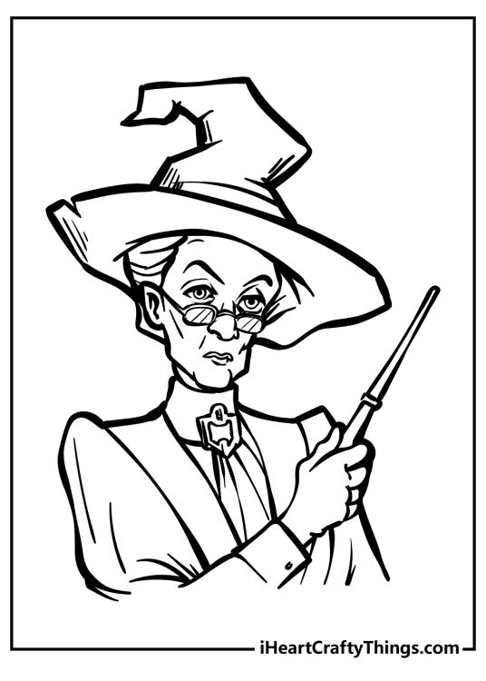Harry Potter-themed coloring poster presenting strict professor McGonagall with her wand pointed up