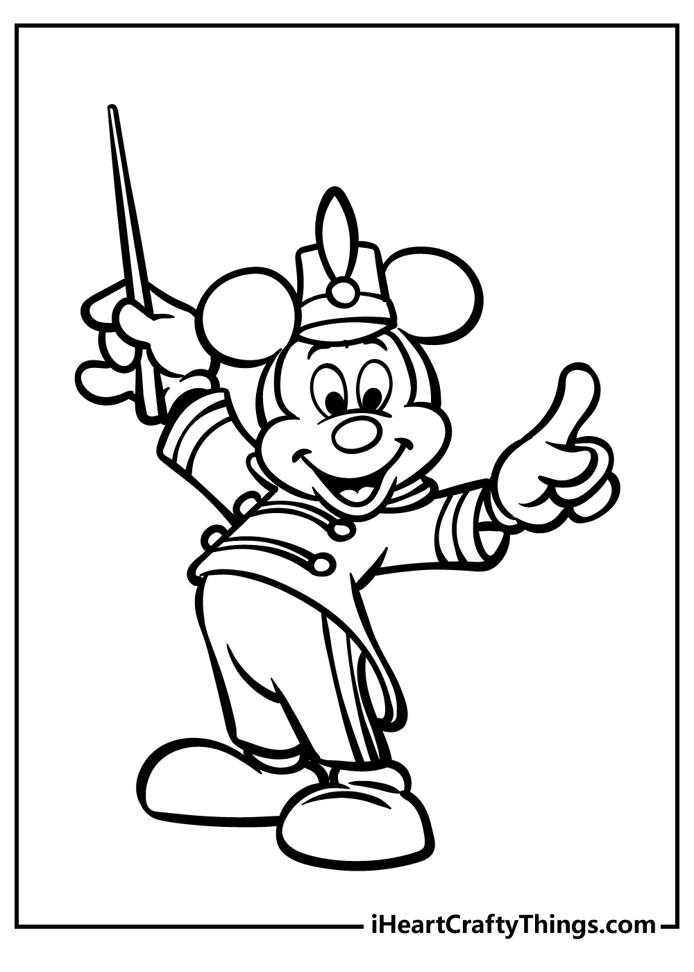 Printable pdf featuring a cheerful Mickey Mouse dressed as a parade conductor holding conductor's baton in right hand