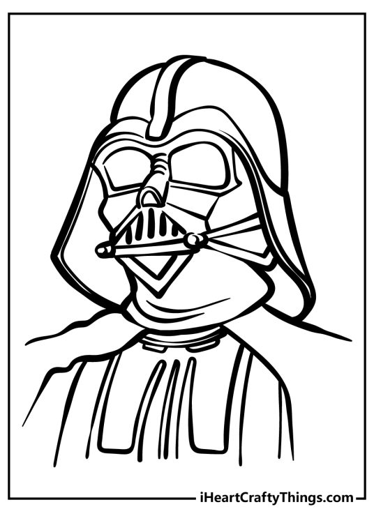 Star Wars-themed coloring sheet featuring portrayal of Anakin Skywalker transformed to Darth Vader