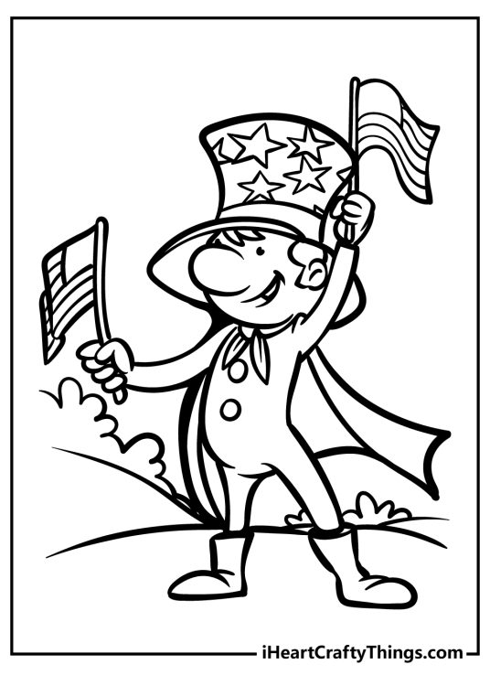 Balck-and-white image of a man wearing a flamboyant flag-themed outfit and wielding two flags