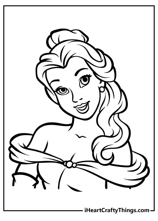 Coloring picture presenting glamorous portrayal of Belle wearing dress with a sweetheart neckline
