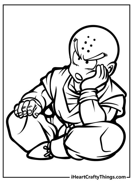 Picture of a Dragon Ball Z character Krillin sitting in a cross-legged position looking annoyed