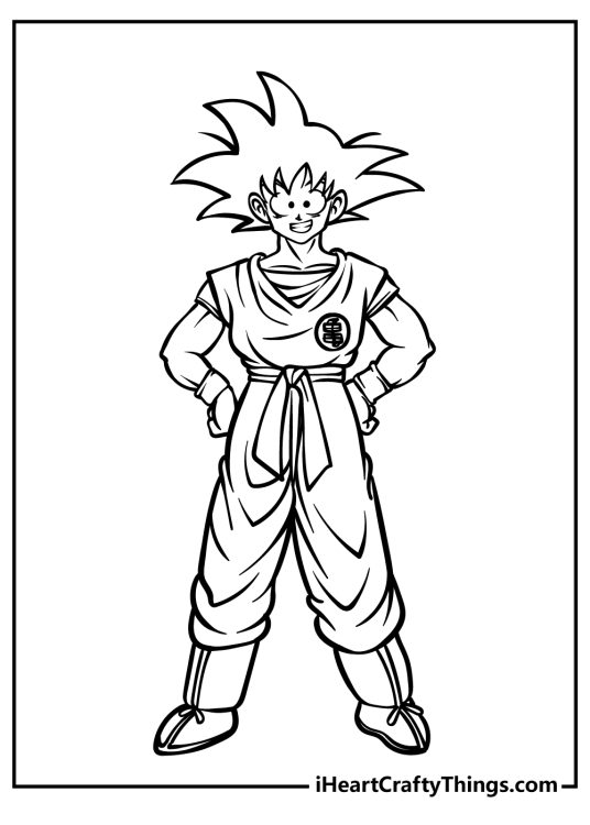 Goku-themed printable coloring picture featuring Goku with goofy facial expression capturing his lighter side